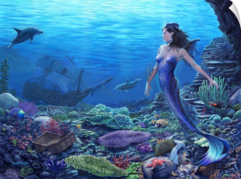A shiny blue mermaid encounters a treasure chest and sunken ship amidst ocean flora and fauna. Her dolphin friends have le...