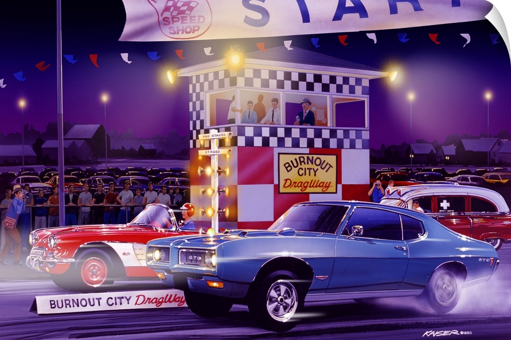 Big, horizontal canvas art of an American drag race scene at night, from the late sixties, with a Chevy Corvette and Ponti...