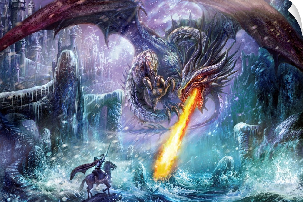Fantasy style artwork with a dragon breathing fire while a soldier on a horse raises his sword as to battle with it. They ...