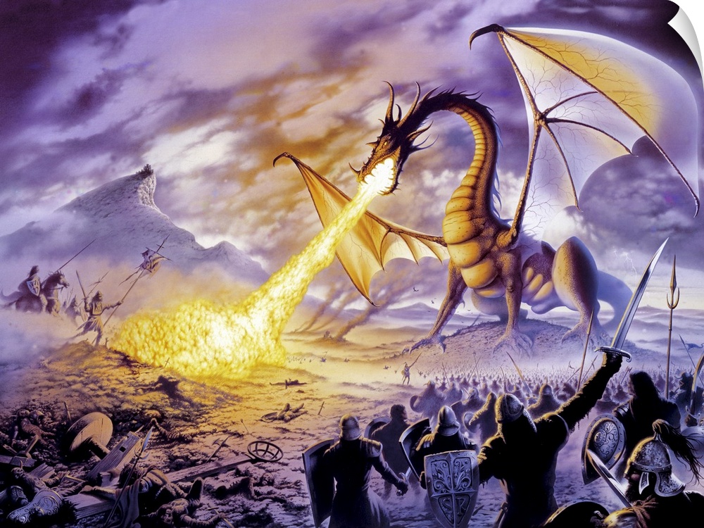 Fantasy illustration of a fire-breathing dragon fighting an army of sword-wielding medieval knights on a volcanic landscape.