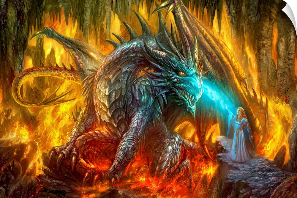 Exciting fantasy artwork of a horned, fire-breathing dragon and a sorceress, deep in a cave filled with lava and stalactites.