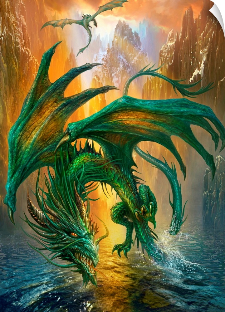 Fantasy painting of a dragon flying low to the water in a canyon with another dragon in the distance.