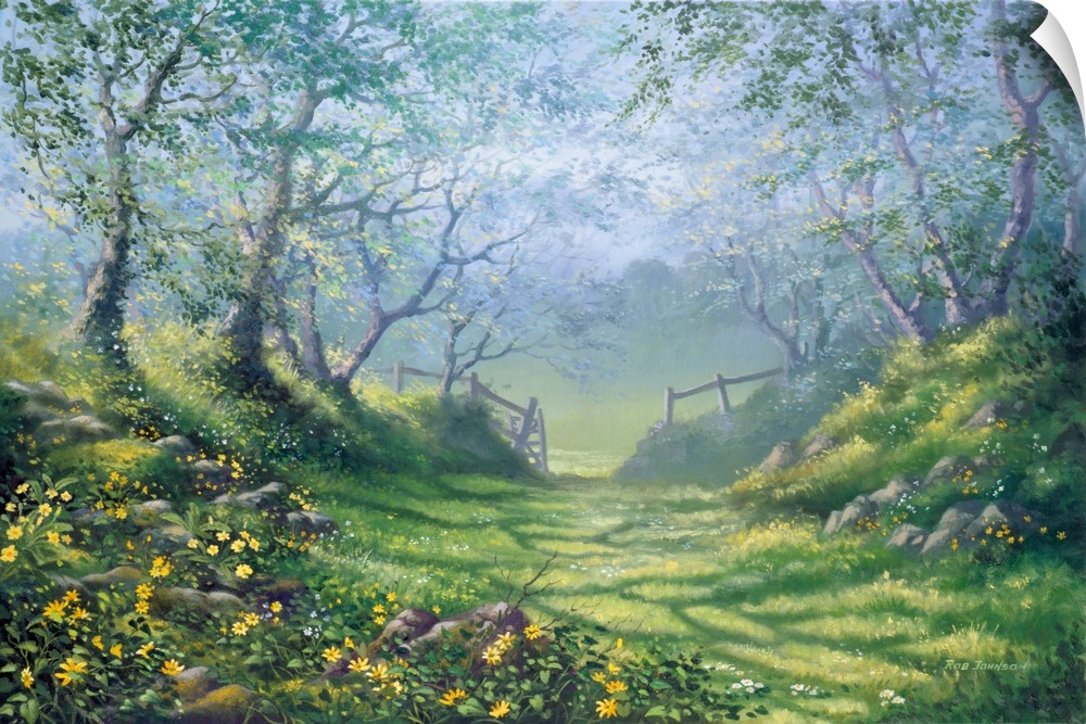 Contemporary painting of  countryside clearing with lush green grass and bright yellow flowers all around.