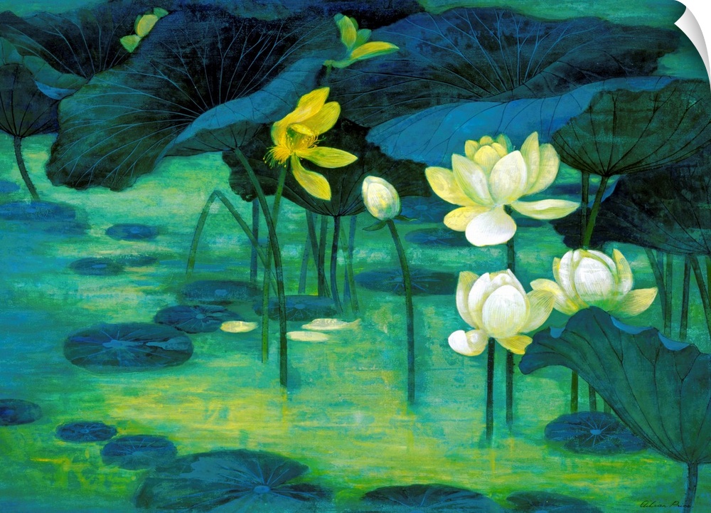 Painting of lilies and flowers in a pond on canvas.