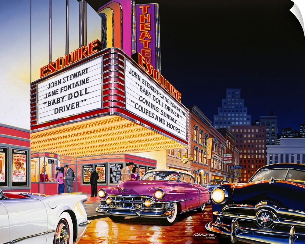 Downtown Movie Theater circa 1956. 1953 Cadillac coupe, 1953 Chevy Corvette, 1949 Ford are all pictured on the street.