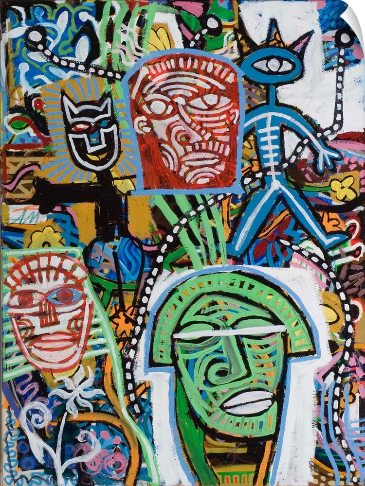 Contemporary abstract painting of masks and faces with distorted forms in elaborate colors and patterns.