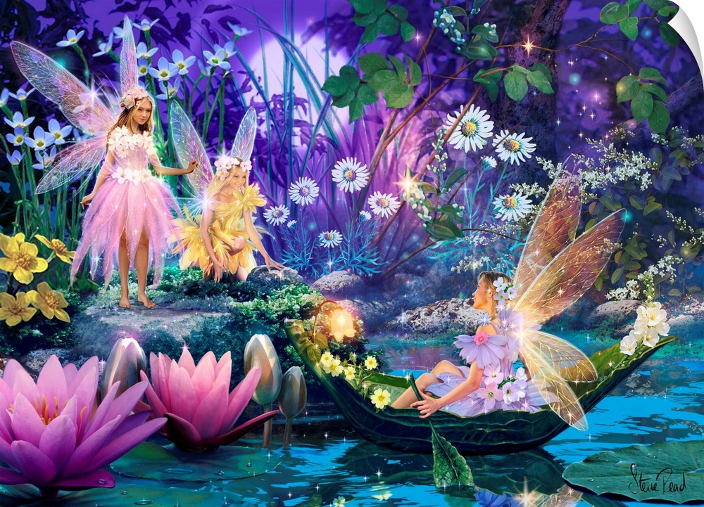 Whimsical fantasy art of three fairies by a lake surrounded by flowers.