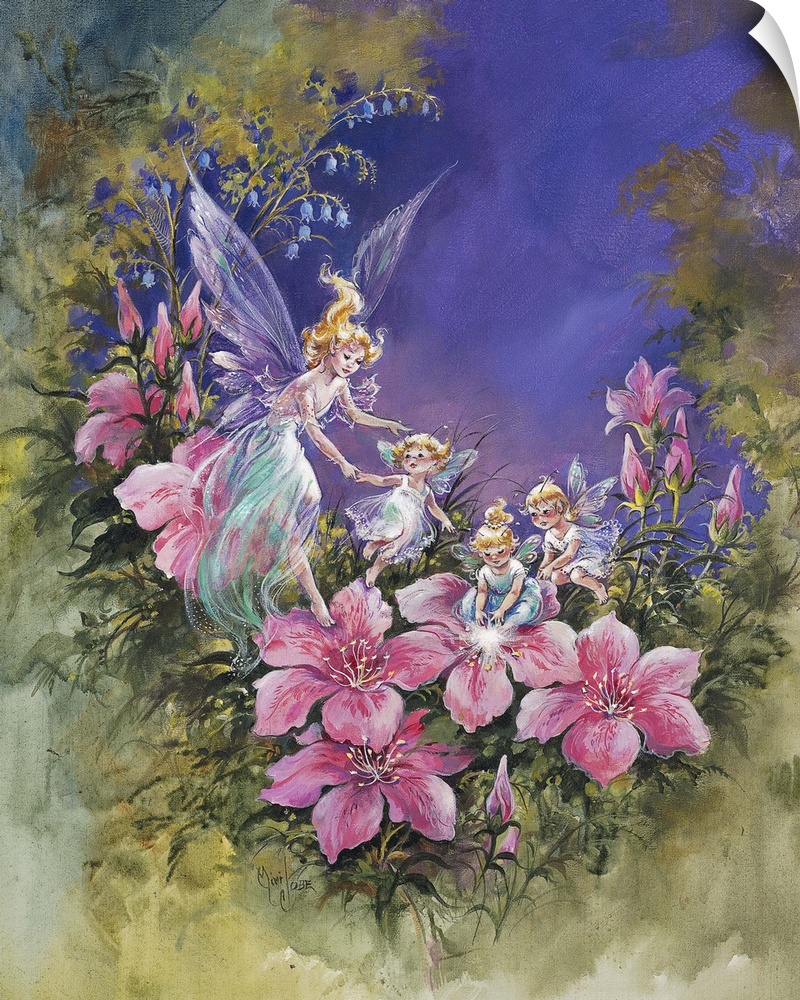 Whimsical contemporary fantasy artwork of fairies and flowers.