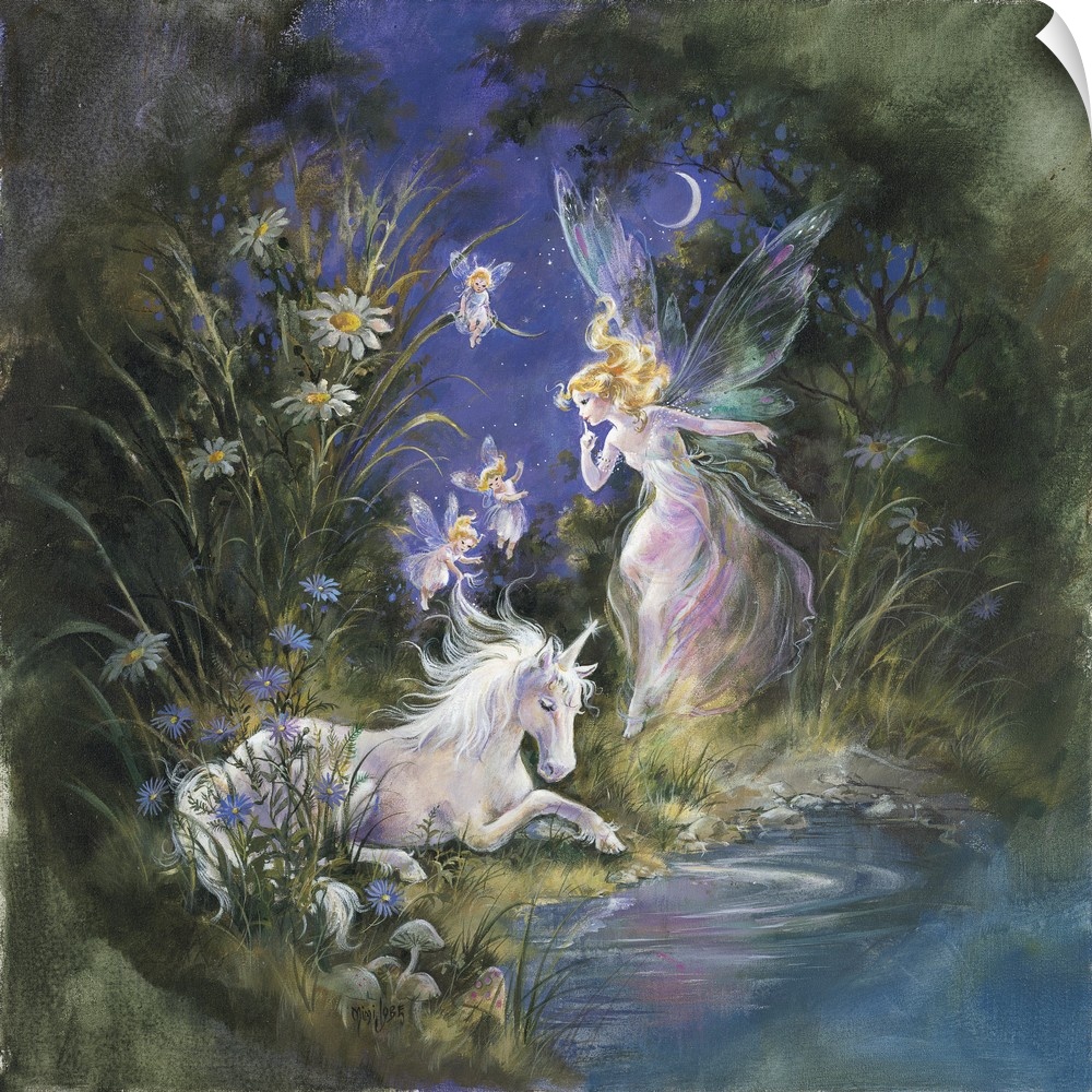 Whimsical contemporary fantasy artwork of fairies and unicorns in an enchanted garden.