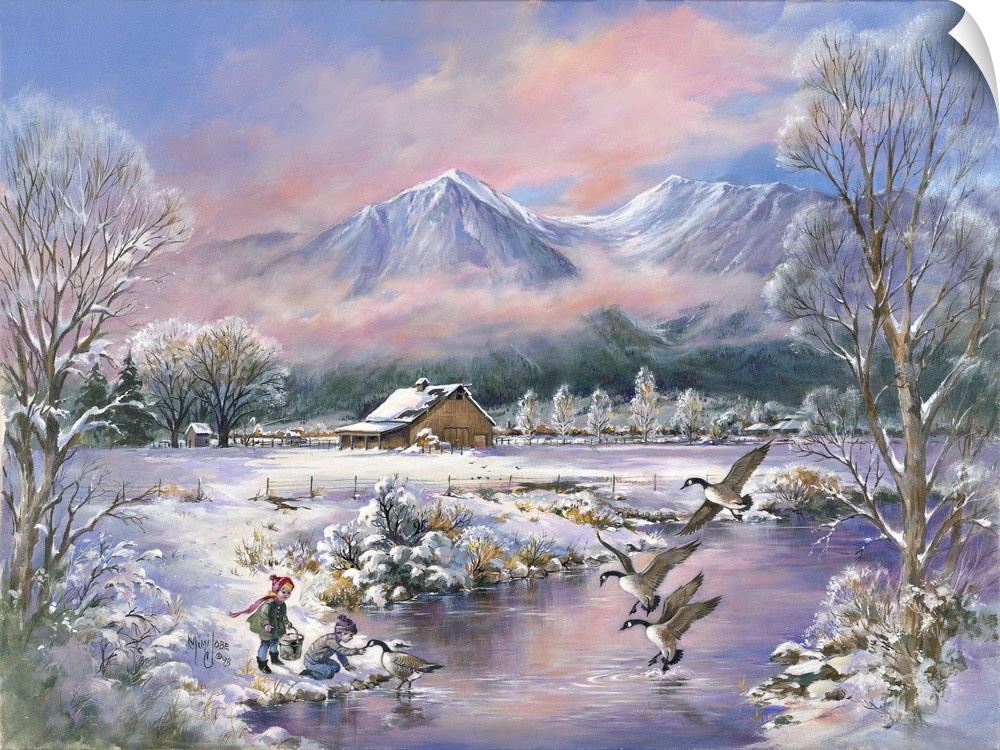 Contemporary painting of children feeding geese on a pond in the midst winter.