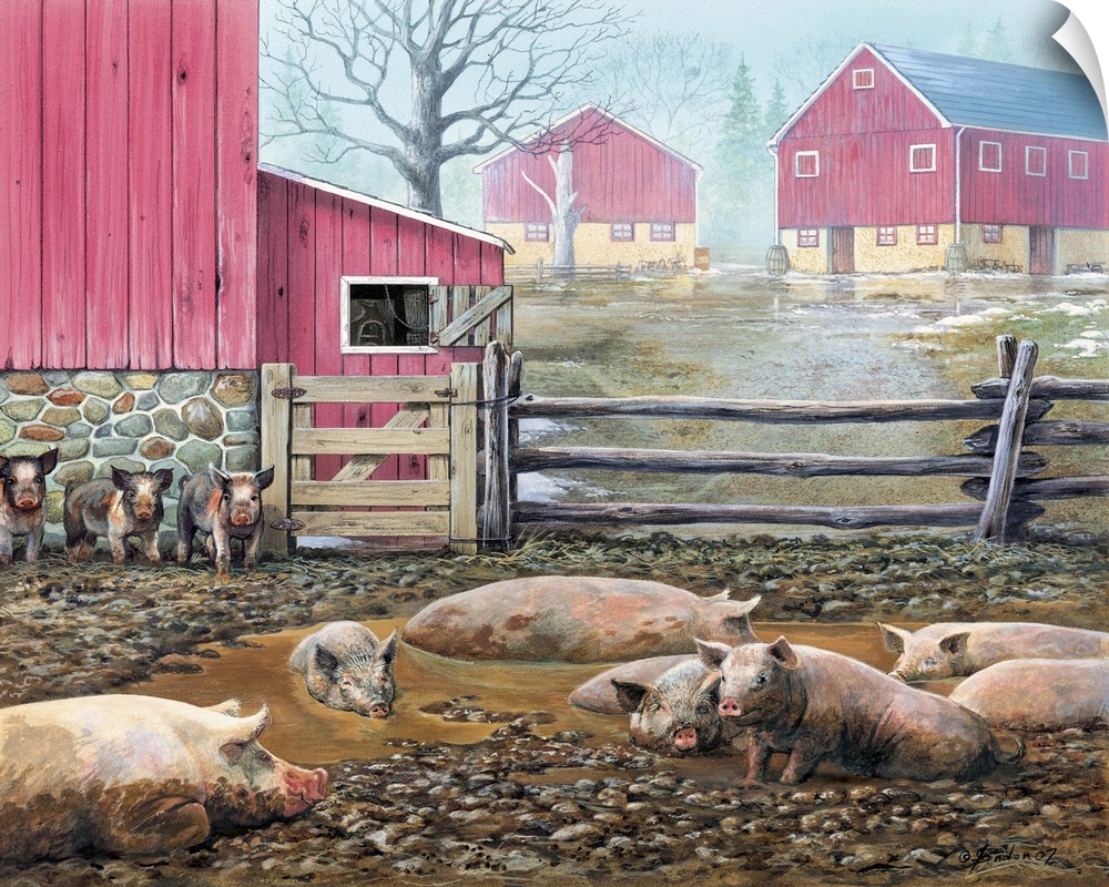Contemporary painting of a group of pigs laying in mud with red barns in the background.