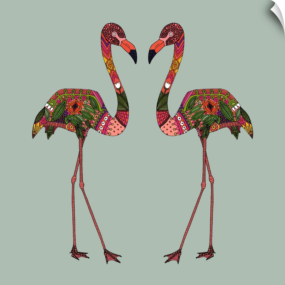 A pair of pink flamingos with colorful patterns.