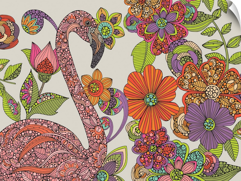 Intricate illustration of a flamingo in different shades of pink surrounded by flowers on a gray background.