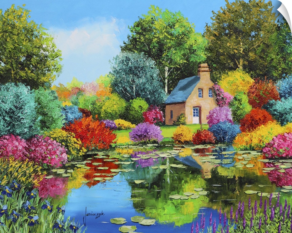 Colorful painting of a rural cottage surrounded multi-colored foliage.