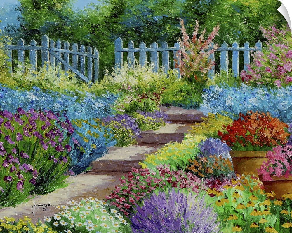 Painting of a colorful garden, with a blue picket fence surrounding it.