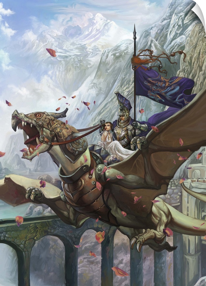 Contemporary science fiction artwork of a man and woman riding a flying beast in a mountainous valley.
