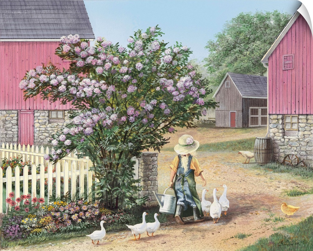 Painting of a child leading geese to be fed.