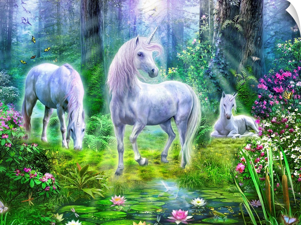 Fantasy painting of three unicorns in a bright forest with lots of flowers and vegetation.