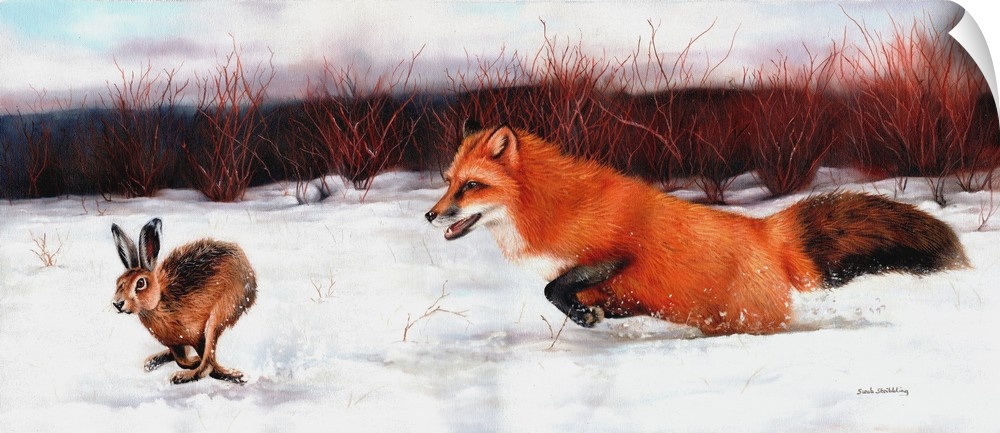 Oil painting of a Fox chasing a Hare.