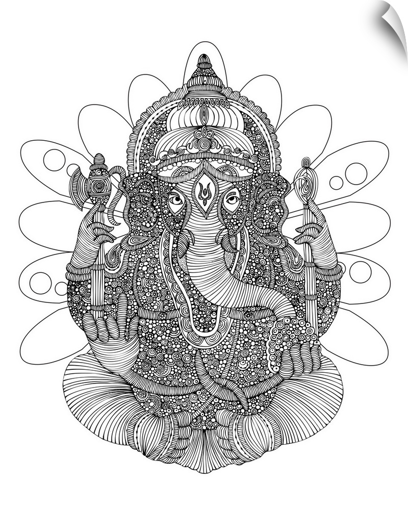 Contemporary line art of the Hindu god Ganesh intricately patterned against a white background.