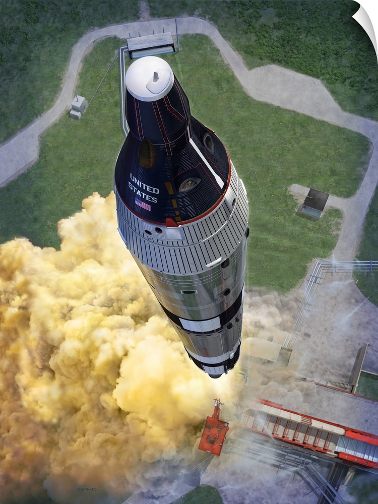 A Titan rocket lifts off from its launch pad in this view looking from above..This image depicts the March 23, 1965 launch...