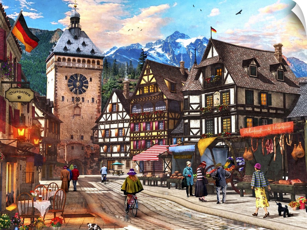 Illustration of a market town somewhere in the Alps.