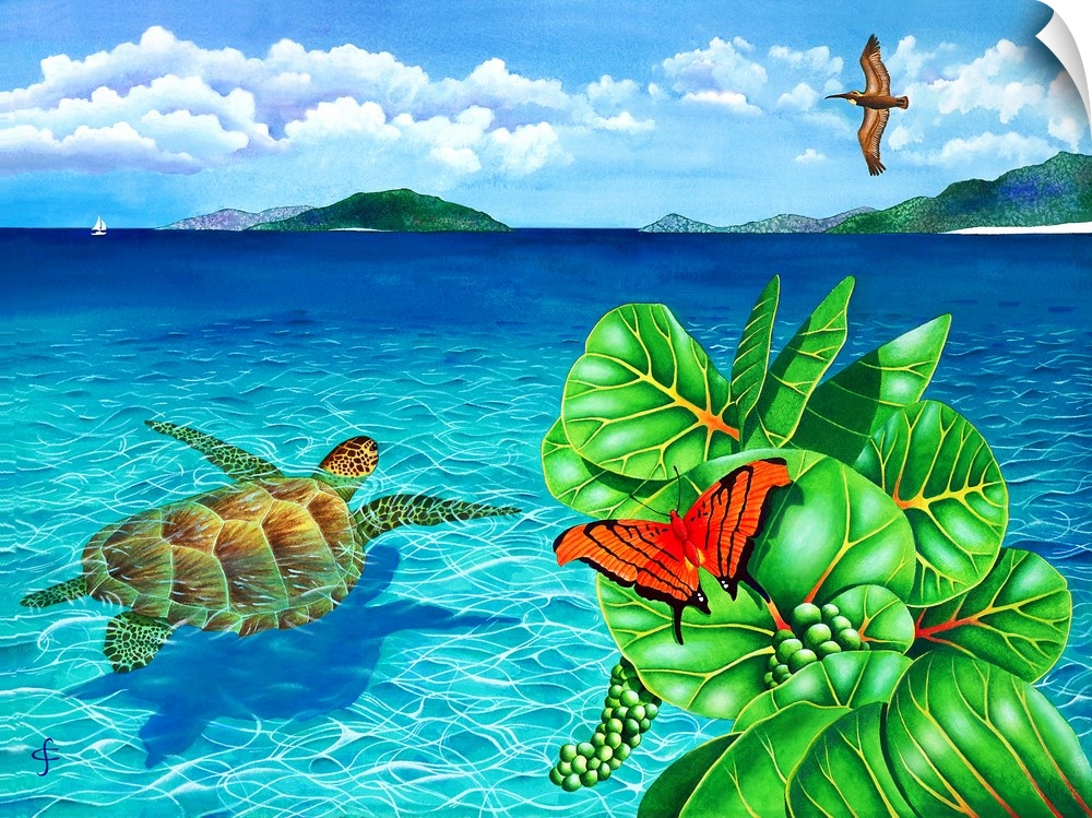 Tropical themed artwork of a sea turtle swimming in crystal blue water, with a bright butterfly on a green plant in the fo...