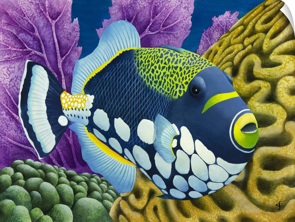 Contemporary painting of a large blue and green fish surrounded by coral reefs.