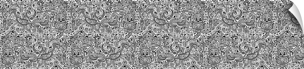 Contemporary mural artwork of monsters and other abstract figures in a confusion of monochromatic patterns.