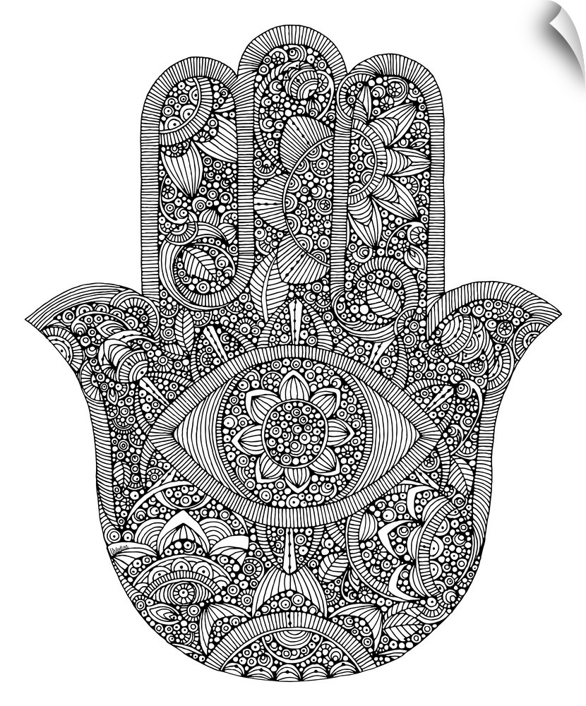 Black and white line art of the Hamsa symbol against a white background.