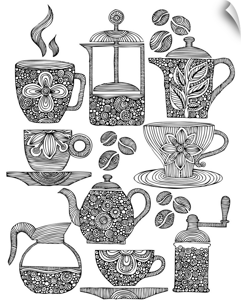 Contemporary line art of coffee cups and brewers with intricate designs in them against a white background.