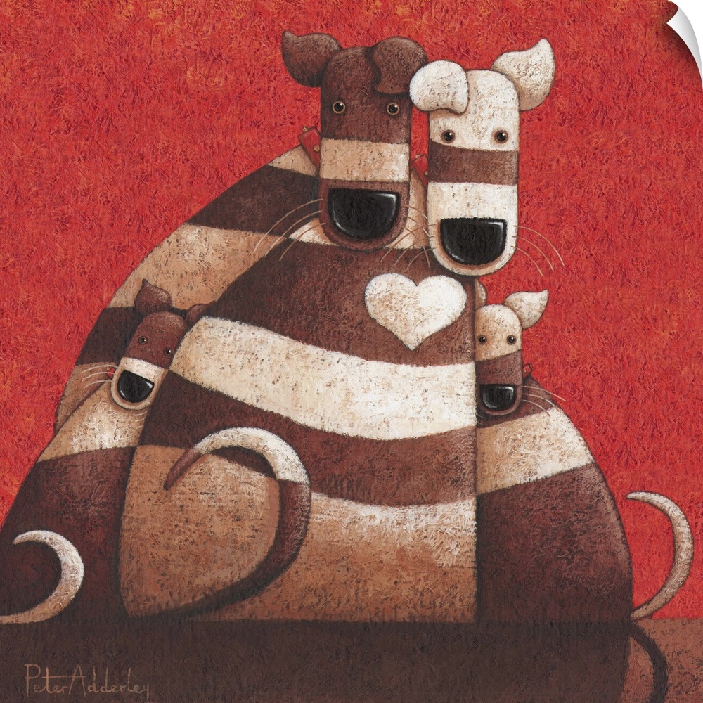 Contemporary painting of striped dogs huddling together against a red background.