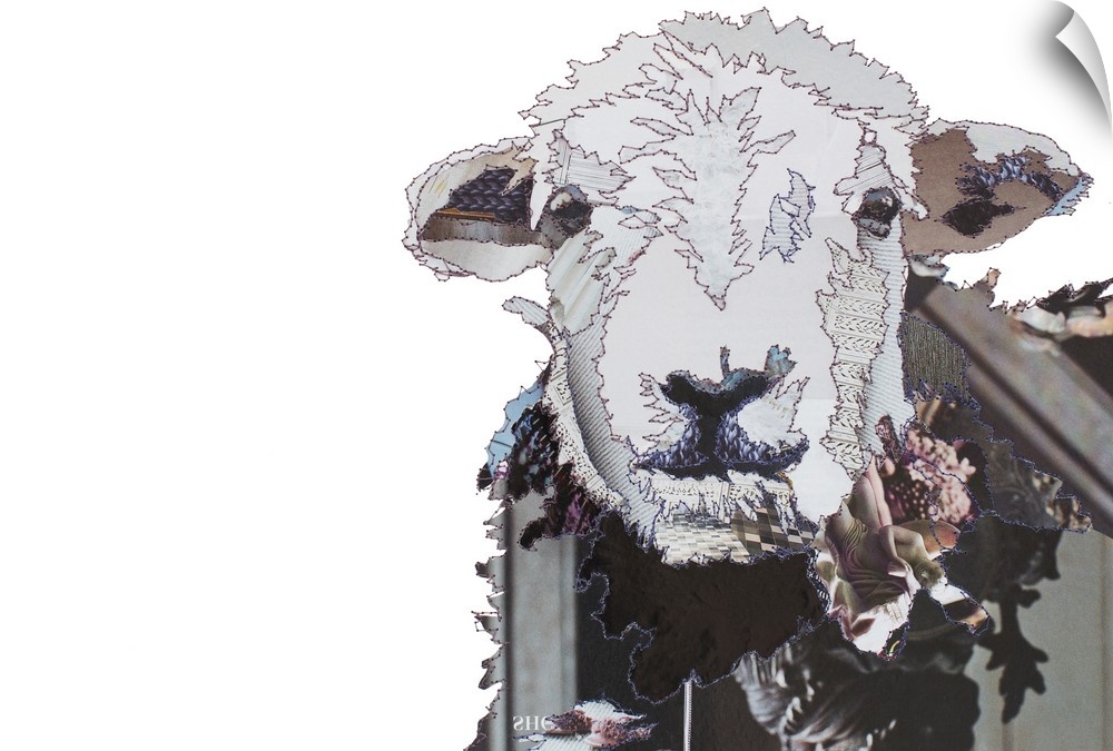 Horizontal artwork of a sheep in a collage style outlined in stitches.