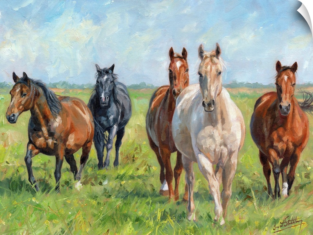 Contemporary painting of a small group of horses in a lush green field.