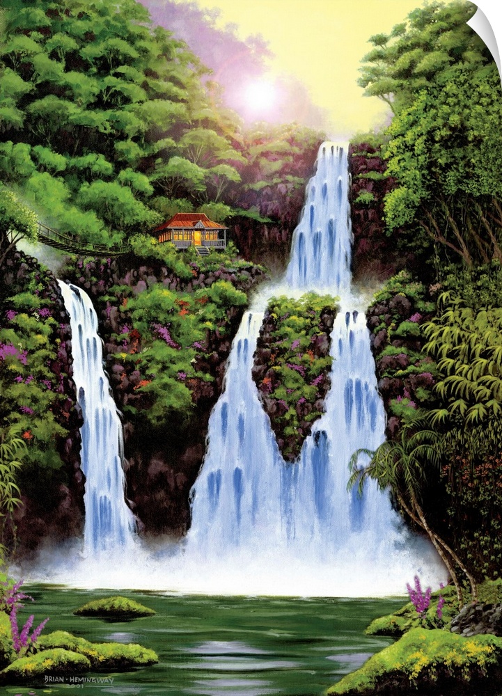 Contemporary painting of a waterfall surrounded lush jungle.