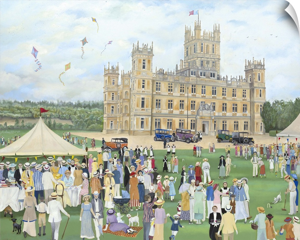 Contemporary painting of people gathered for good times outside Highclere Castle.