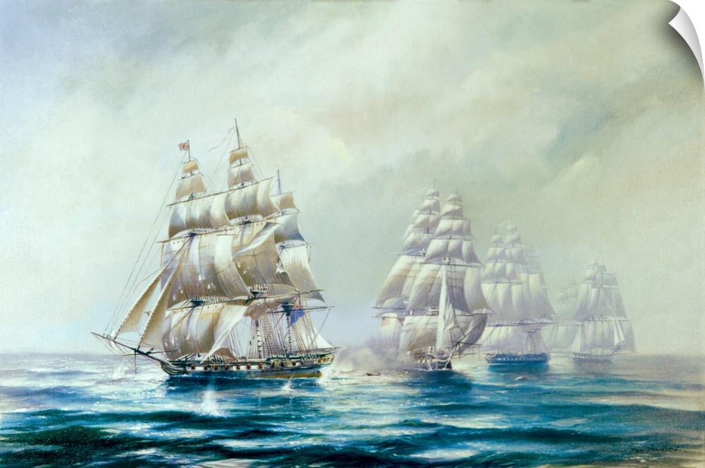 Painting of a fleet of naval vessels traversing the open sea.