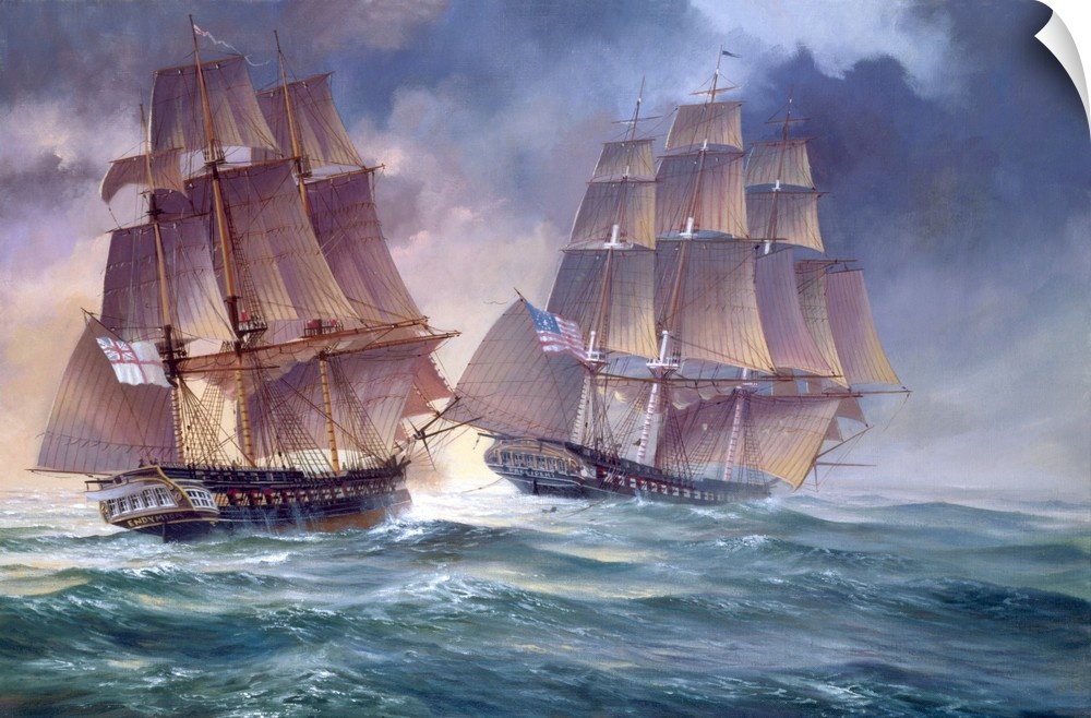 Painting of of an old naval vessels in the heat of battle.