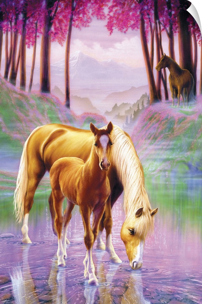 Whimsical fantasy artwork of two horses standing in a brook with bright colorful forest in the background.