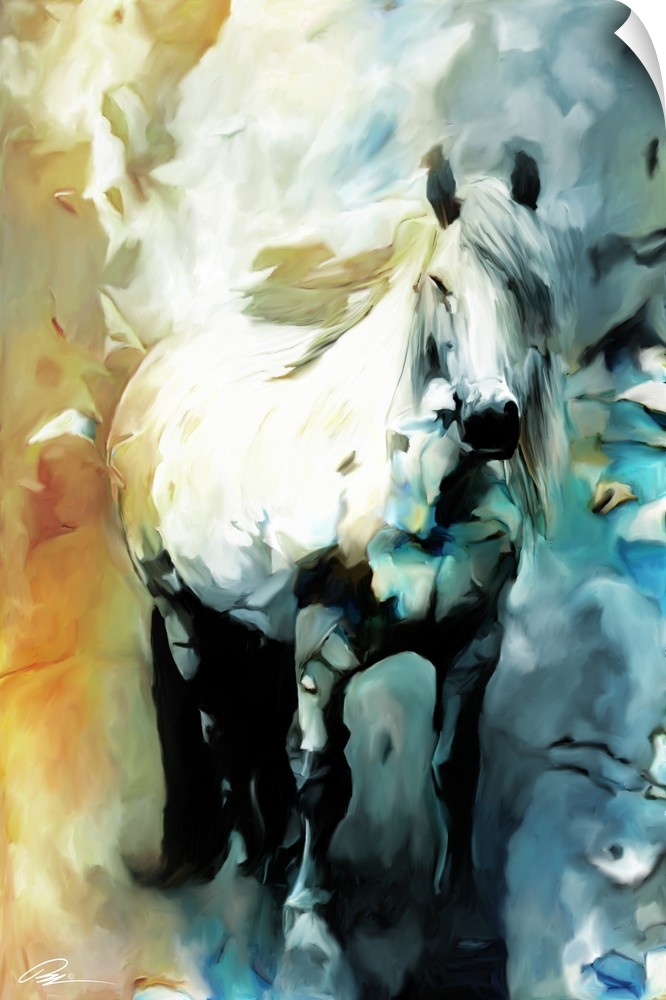 Contemporary animal artwork of a white horse surround by an abstract background.