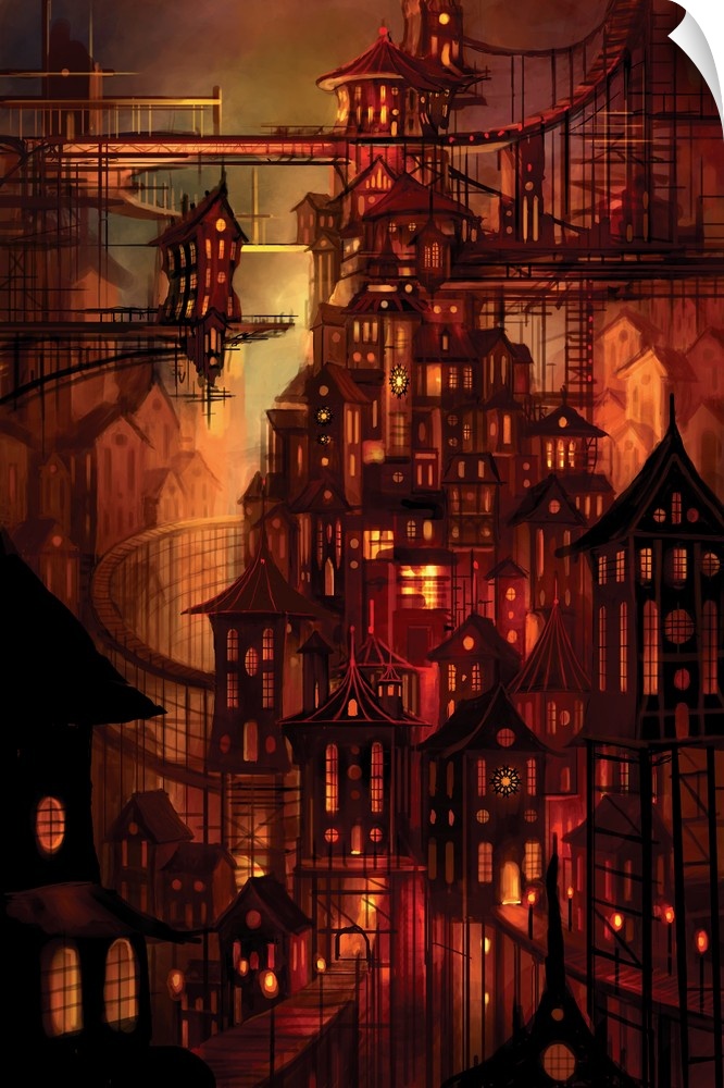 Science fiction artwork of a city illuminated in a red glow which has buildings stacked upon each other creating a sort of...