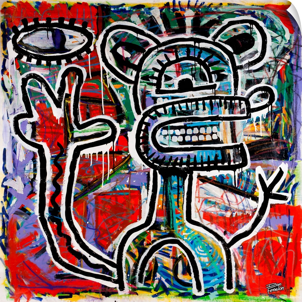 Contemporary abstract painting of a mouse like figure in an urban art spray can style.