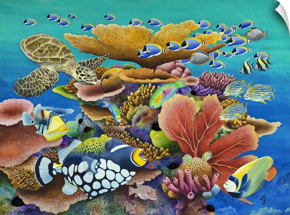 Contemporary painting with fish and a turtle swimming around coral reefs in vibrant colors.