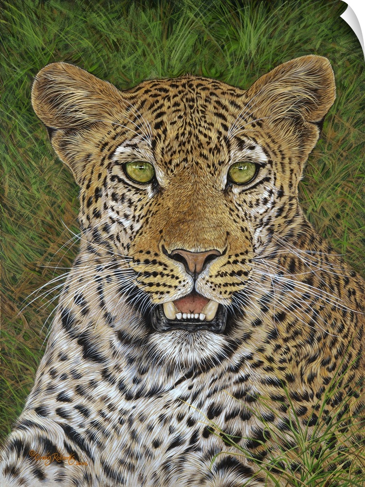 Contemporary artwork of leopard laying in lush grass.