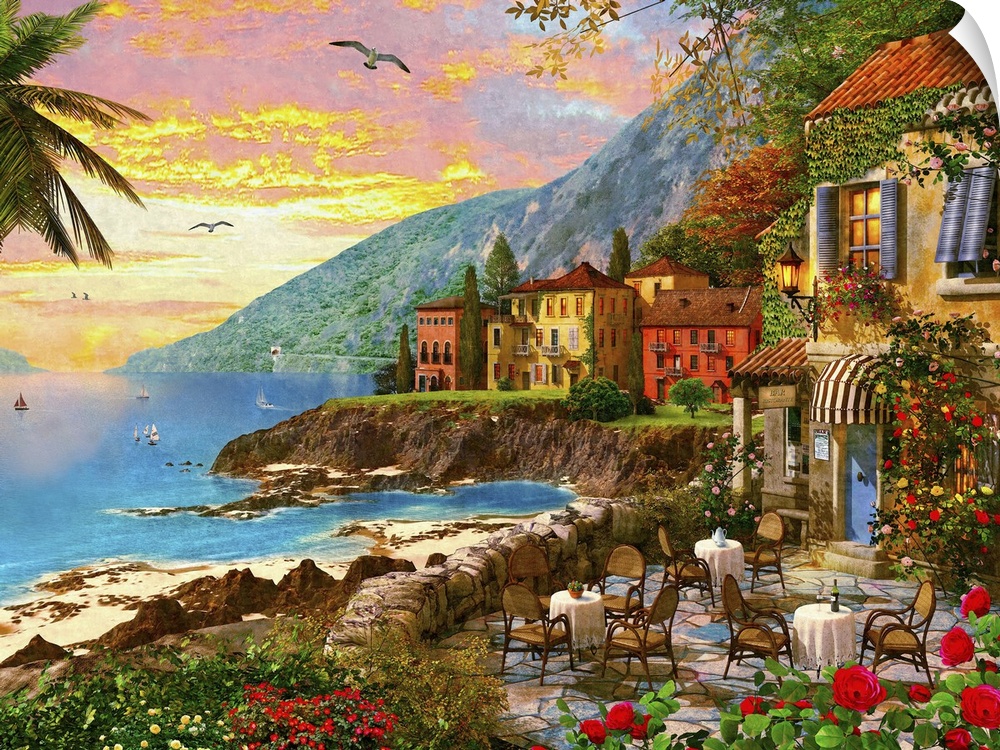Illustration of an island town at sunset.
