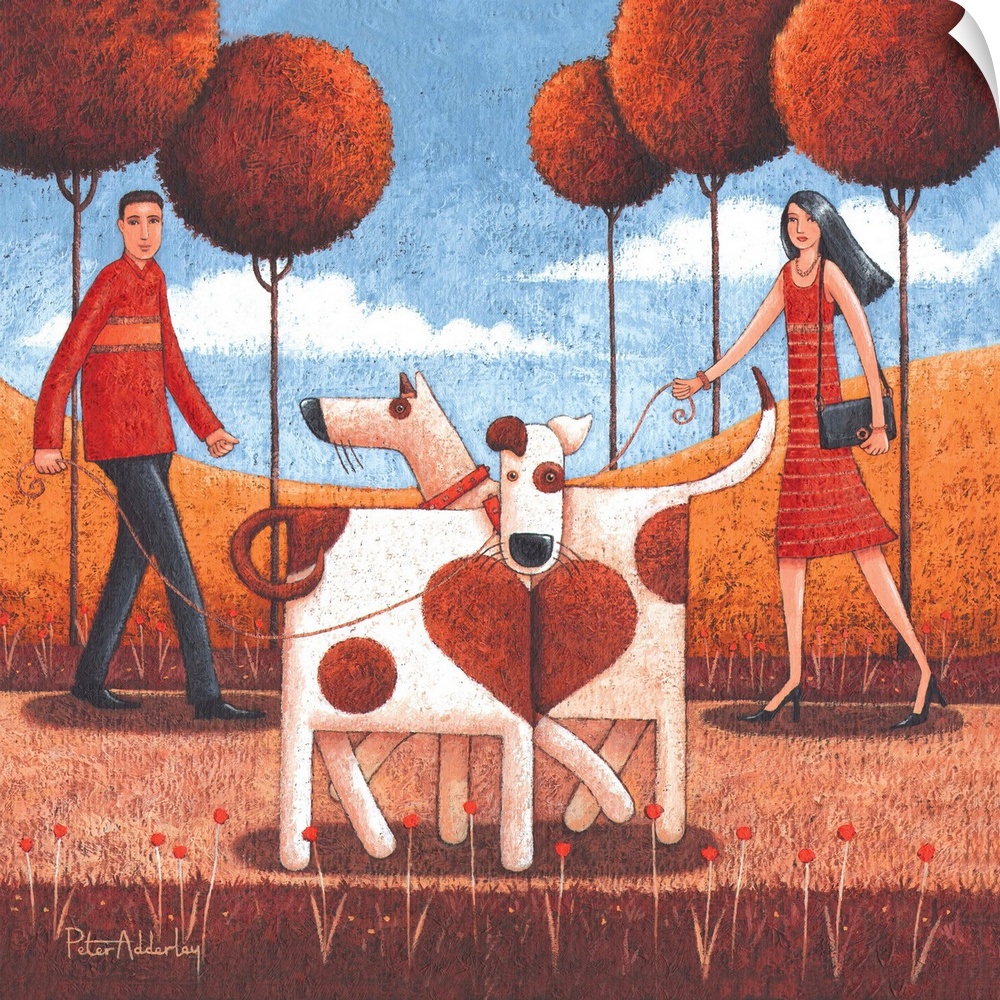 Contemporary painting of a man and woman walking their dogs, and when the dogs stand beside each other they form a heart.