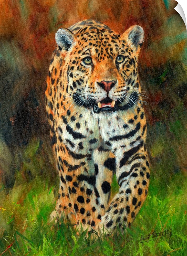 Contemporary painting of a jaguar walking across lush green grass.
