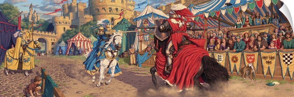 A scene depicting a jousting tournament just at the moment the King's champion attempts to vanquish the all conquering mys...
