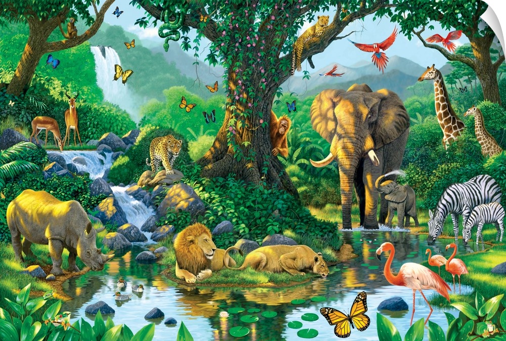 Fantasy painting featuring various jungle animals gathered together at a watering hole beneath the trees.