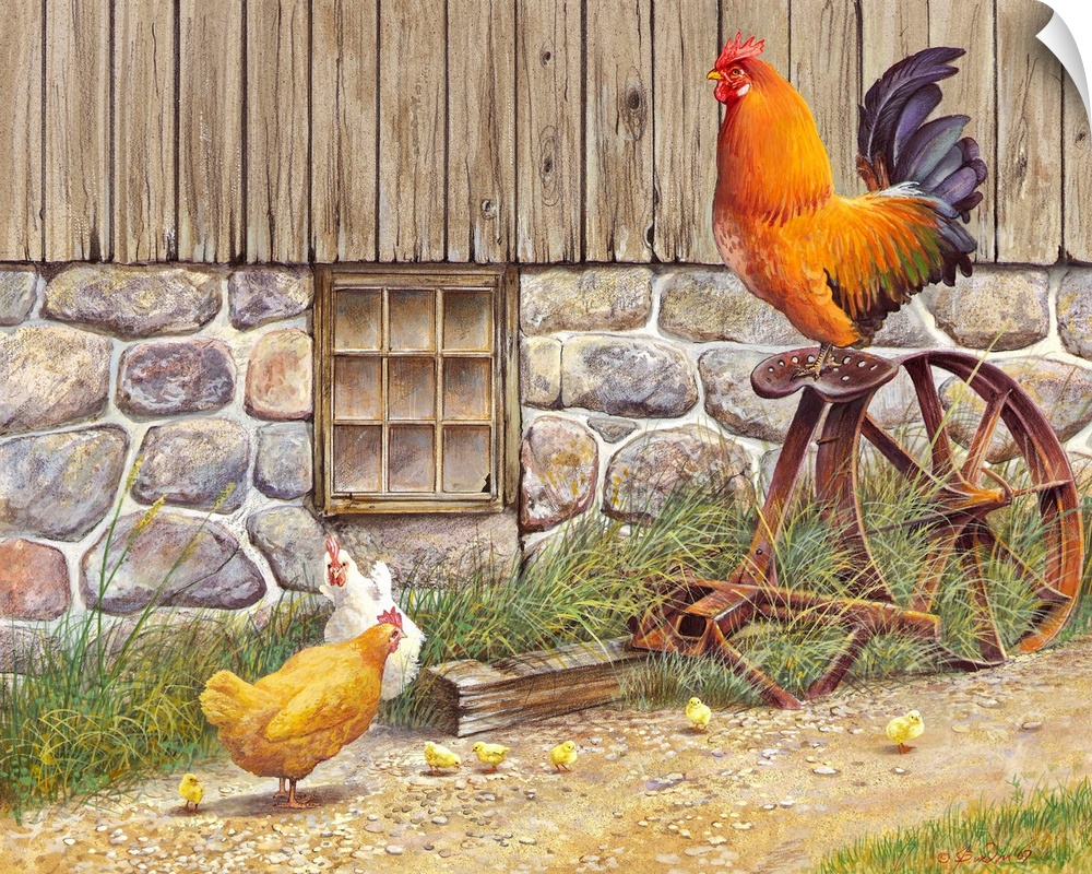 Contemporary painting of a rooster sitting atop an old piece of farm equipment, with two hens below him.